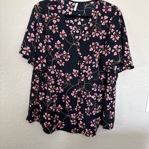 Black Floral Button-Front Blouse with Pink Blossoms